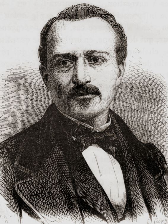 Na skice je vynálezce karburátoru, belgičan Etienne Lenoir (1822-1900)